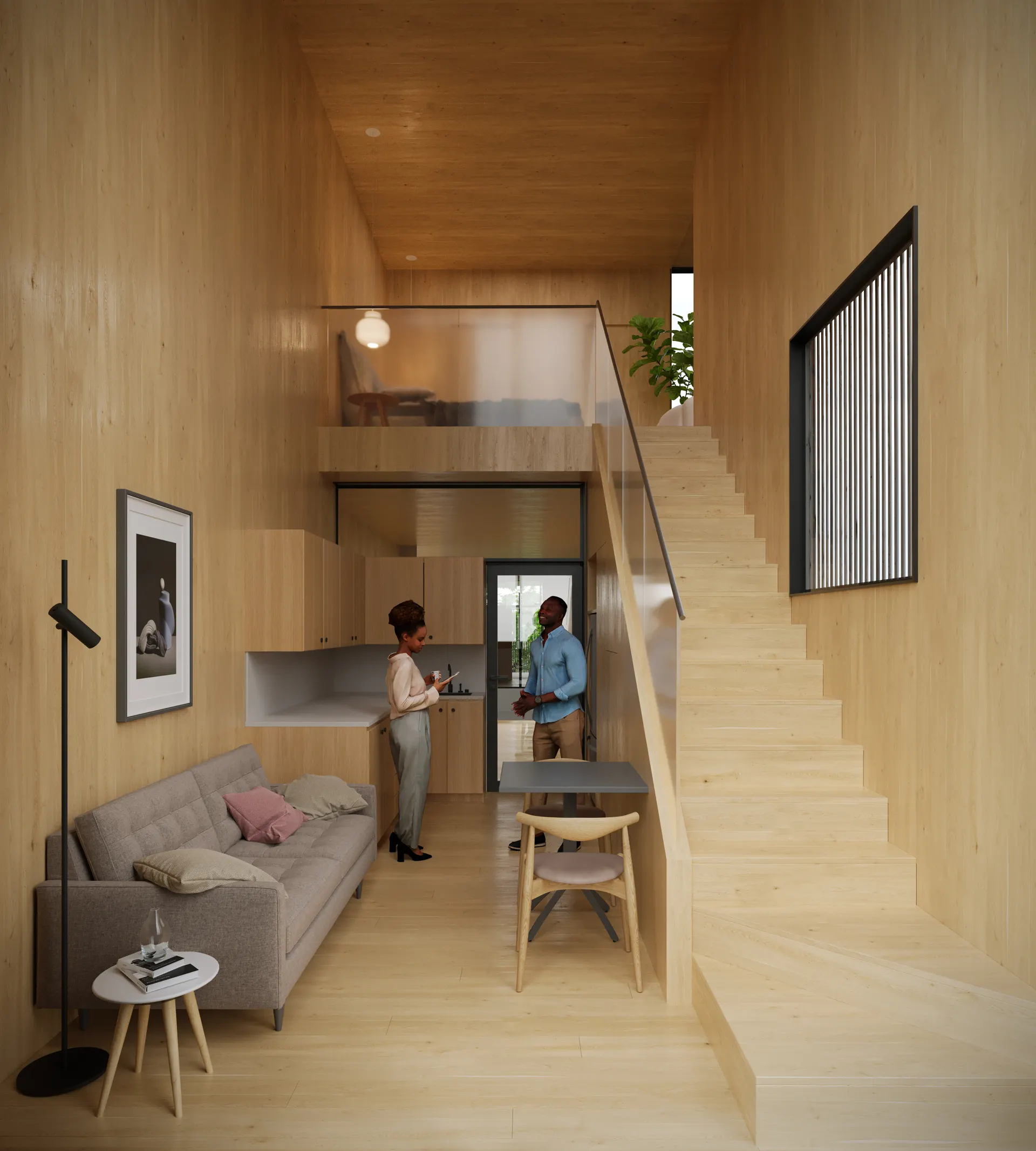 Moving through, the double-height unit and its stair
